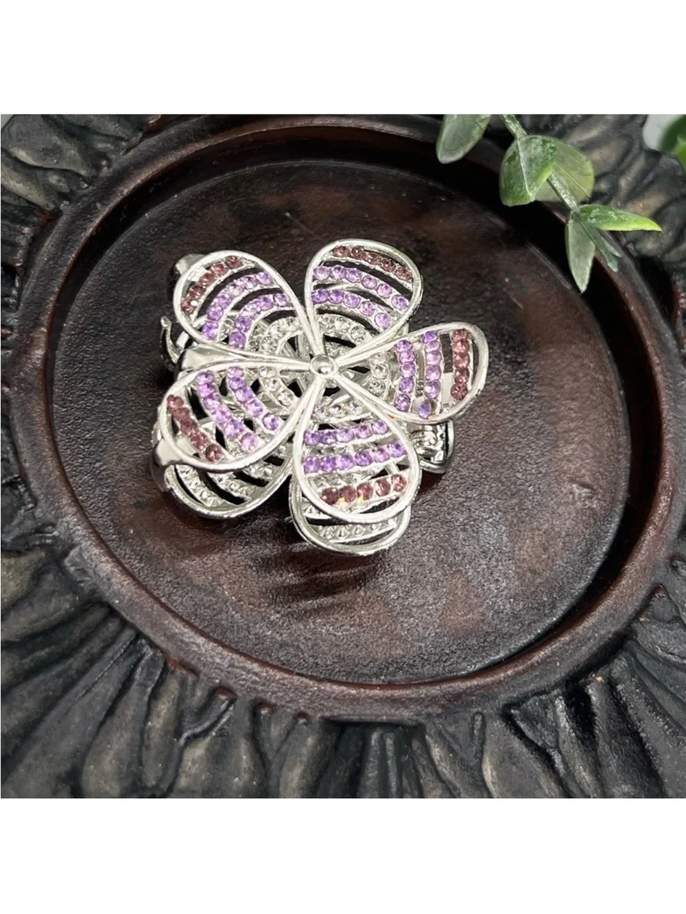 Elegant Silver and Purple Rhinestone Floral Hair Clip Claw FINAL PRICE DROP